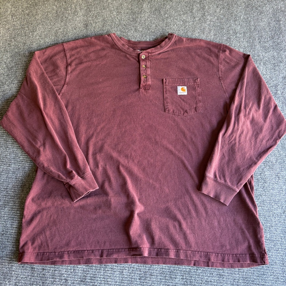 Carhartt Mens Loose Fit Long Sleeve Henley Shirt Maroon Burgundy 2XL 2967